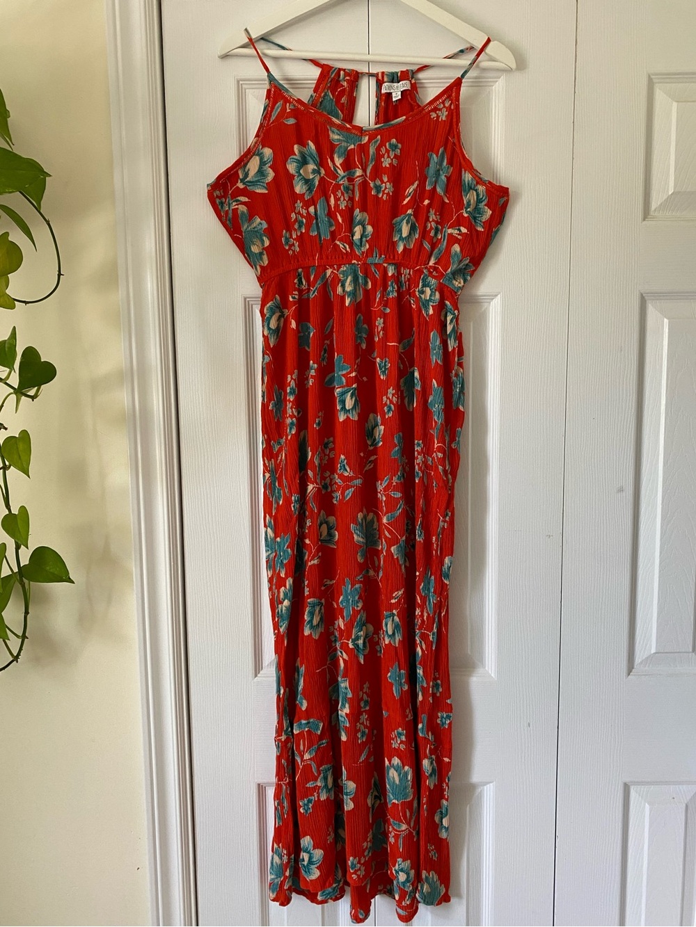 Patrons of Peace Halter Open Back Maxi dress red with turquoise + cream floral S